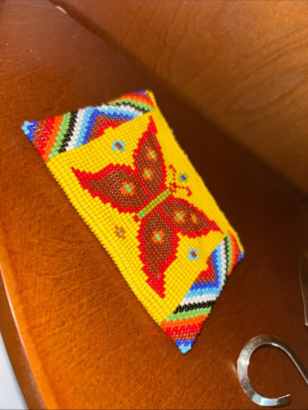 Artisan Yellow Beaded Mini Bag with Red Butterfly